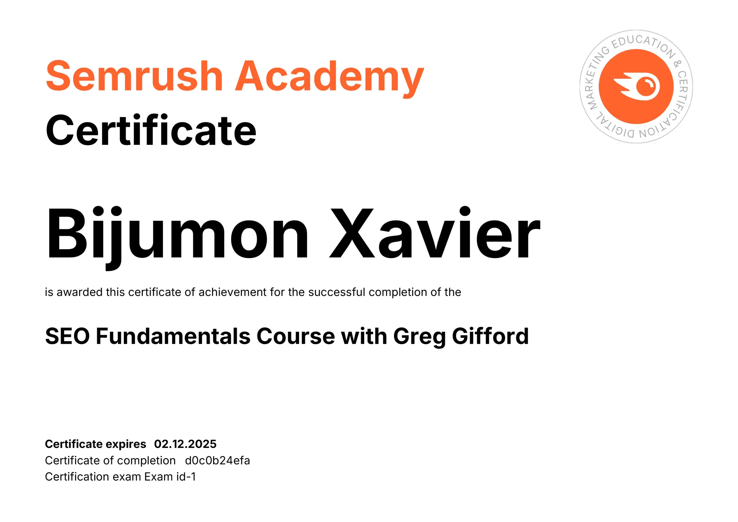 SEO certification for Semrush by the best digital marketing expert & trainer in idukki, kerala – SEO, ads, media creator & branding